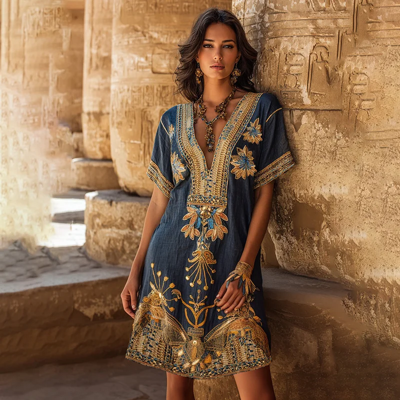 Women's Vintage Egyptian Floral Embroidery Art Casual V Neck  Linen Dress
