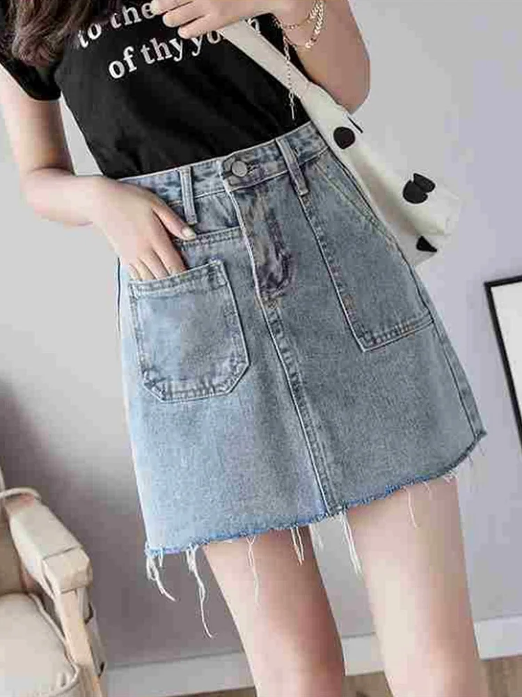 Fashion all-match high waist stitching pocket denim skirt