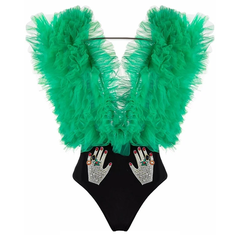 Halloween Special Limited Edition Plunging V Neck Ruffled Tulle One Piece Swimsuit and Skirt
