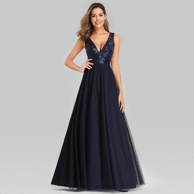 Gorgeous Navy Sequins Prom Dress V-Neck Sleeveless Tulle Evening Gowns