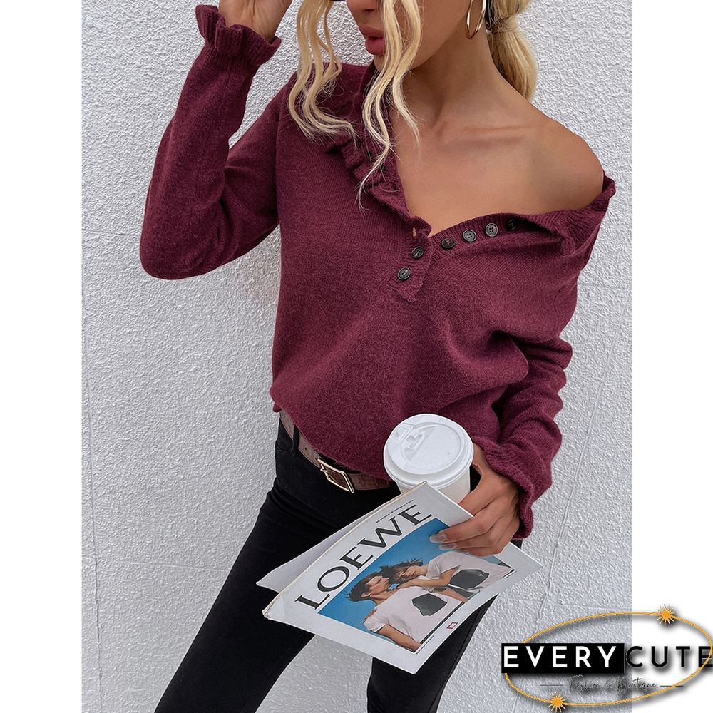 Wine Red Ruffle Detail Crew Neck Long Sleeve Knitted Sweater