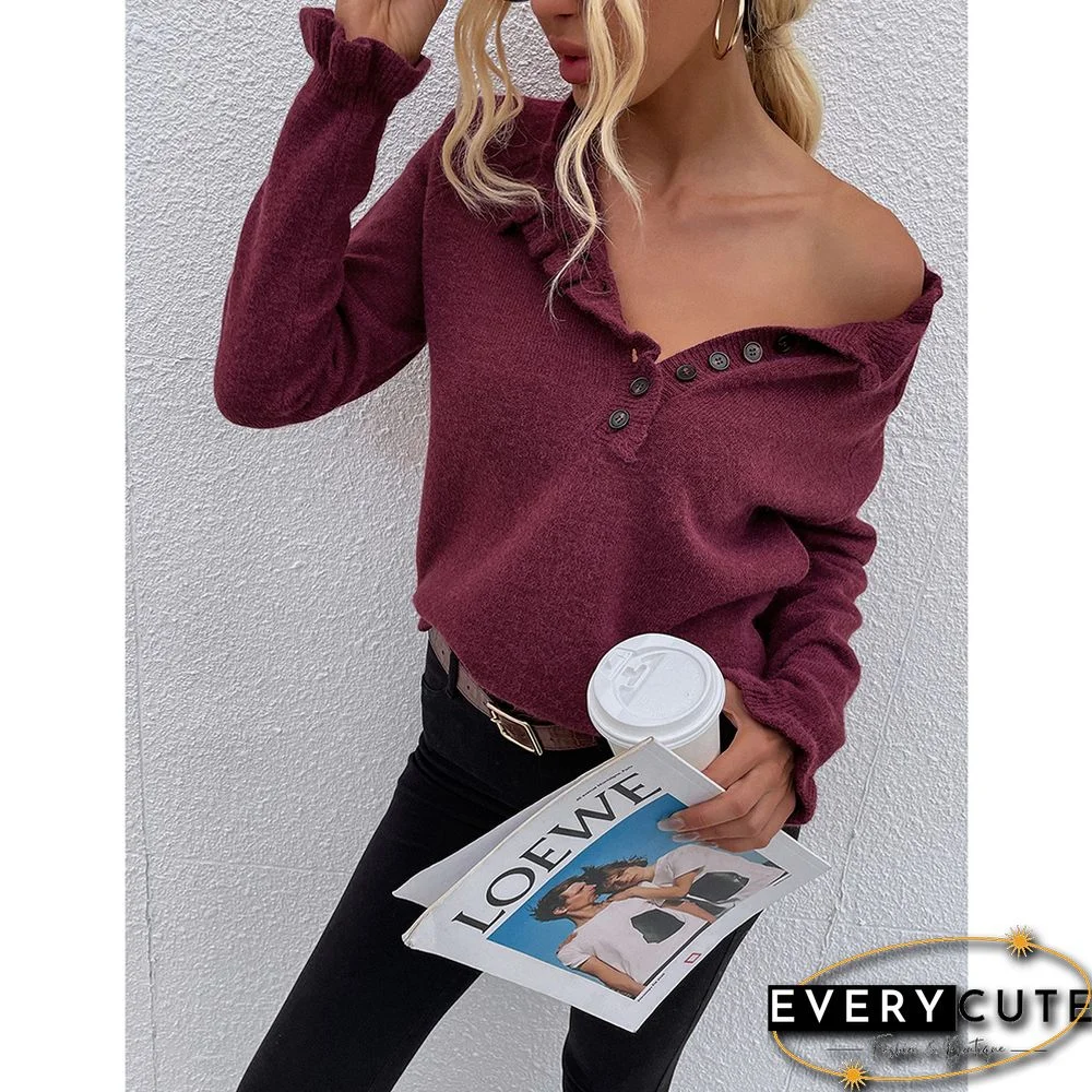 Wine Red Ruffle Detail Crew Neck Long Sleeve Knitted Sweater