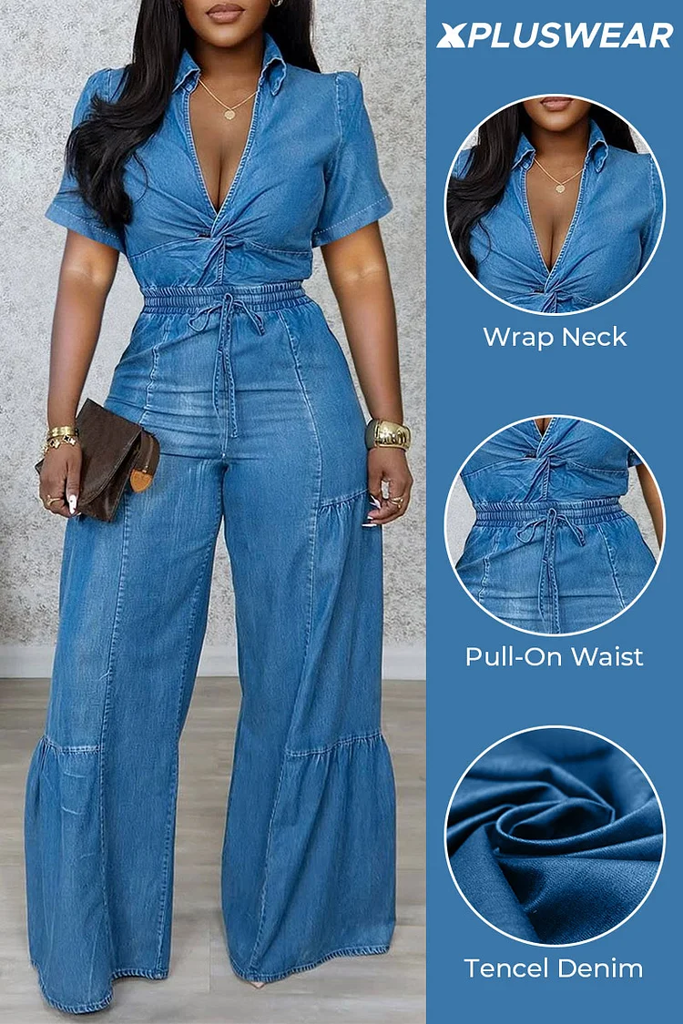 Plus Size Business Casual Blue Casual Wrap Neck Short Sleeve Pocket Pull-On Waist Tencel Denim Jumpsuits [Pre-Order]