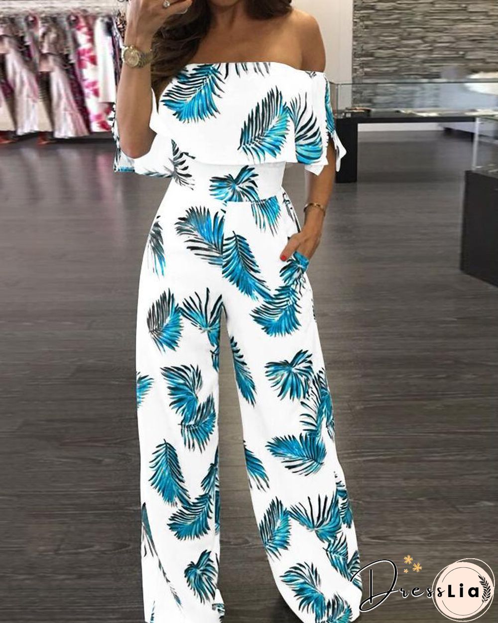 Fashion Print Frilled Off Shoulder Flared Jumpsuit P11647