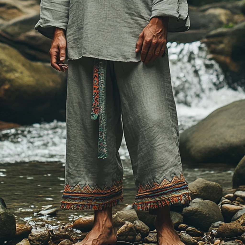 Men's Bohemian Holiday Style Vintage Ethnic Totem Print Cotton And Linen Casual Pants-inspireuse