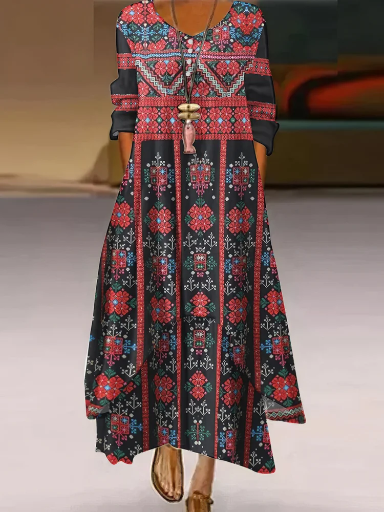Palestinian Thobe Tatreez Art Inspired Pattern Flowy Maxi Long Dress