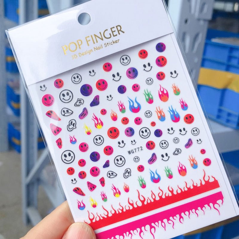 Nail Stickers 6 Colors Abstract Colorful Flame Design Sticky Nail Art Decoration DIY Grimace Smiley Nail Decals 80*103mm