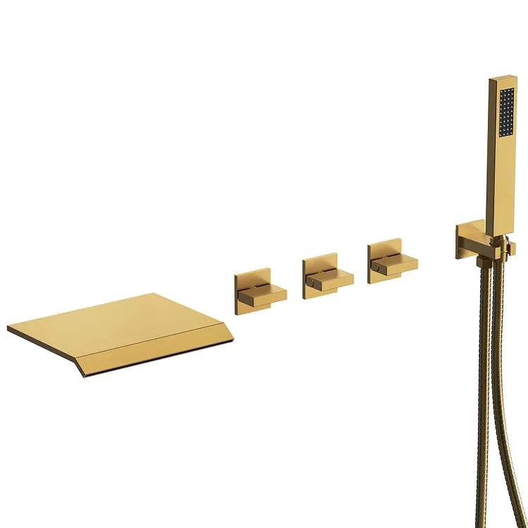 EVERSTEIN Three Handle Waterfall Bathtub Faucet in Brushed Gold, 6.25" Spout Reach