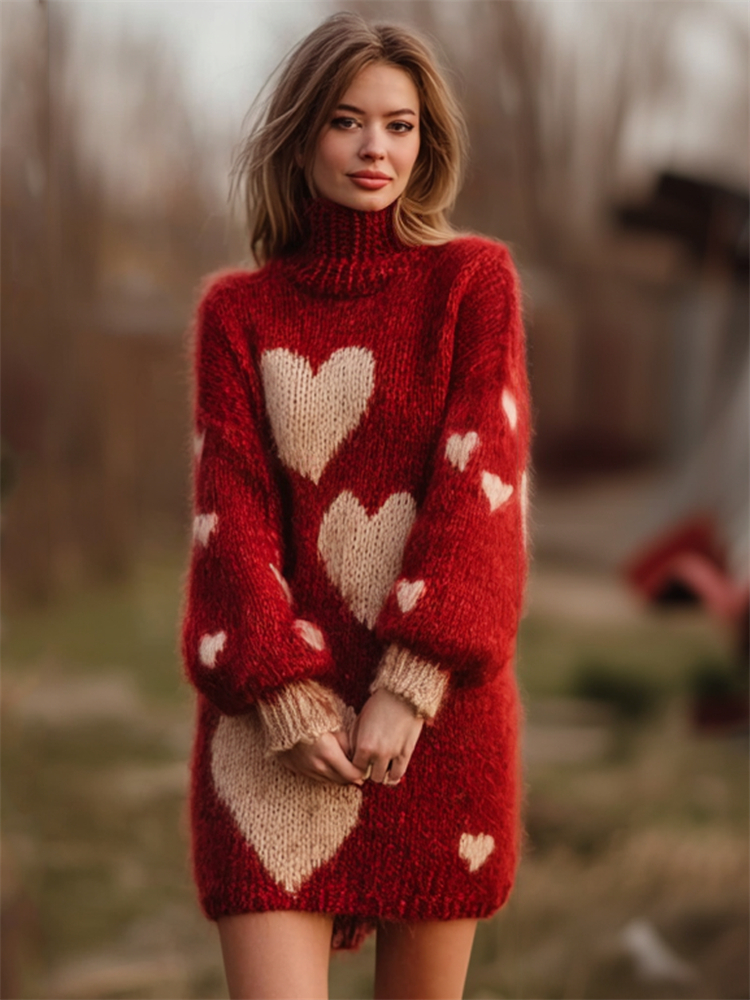 Vintage Valentine's Day Hearts Turtleneck Cozy Knit Sweater Dress wearshes