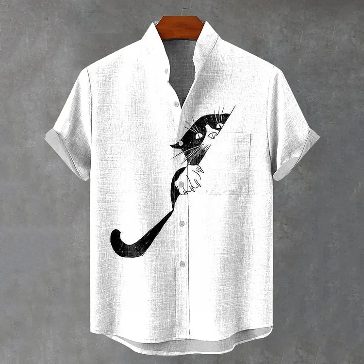 Men's Black Cat Hiding Print Short Sleeve Shirt