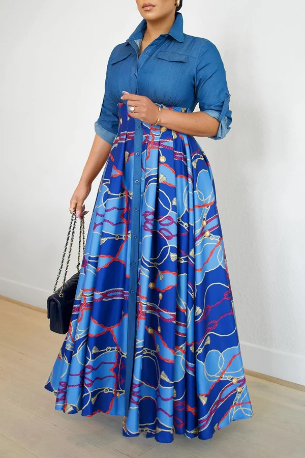 Casual Denim Stitching Printed Shirt Maxi Dress