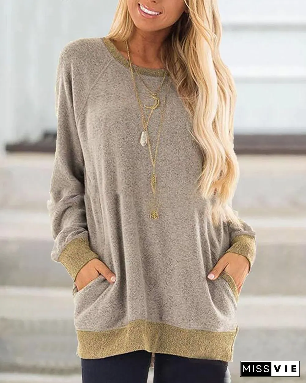 Sweater Pocket Solid  Design Casual Round Neck Shirts & Tops