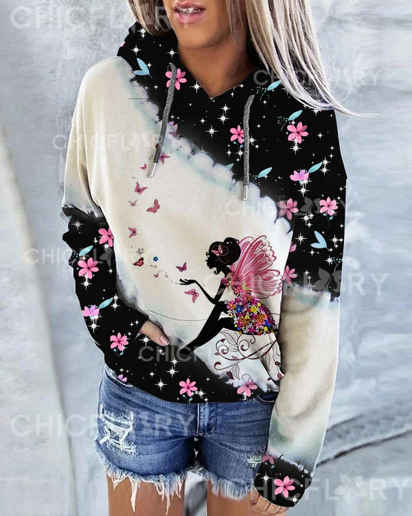 Women's Butterfly Floral Print Hoodie Long Sleeve Sweatshirt