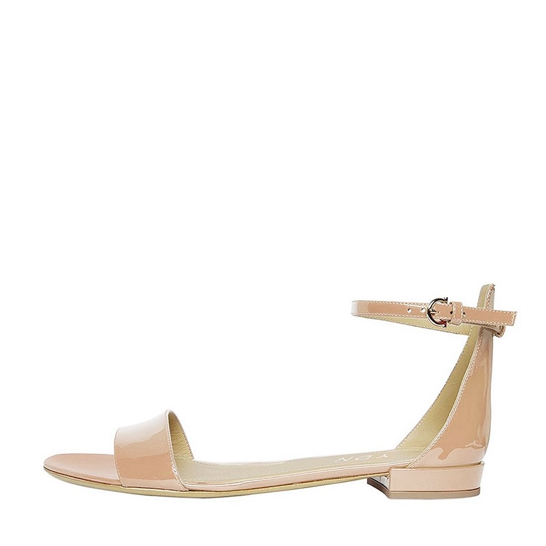 Nude Patent Leather Round Toe Buckle Ankle Strap Summer Sandals