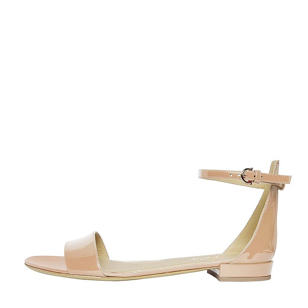 Beige Patent Leather Round Toe Buckle Ankle Strap Flat Sandals