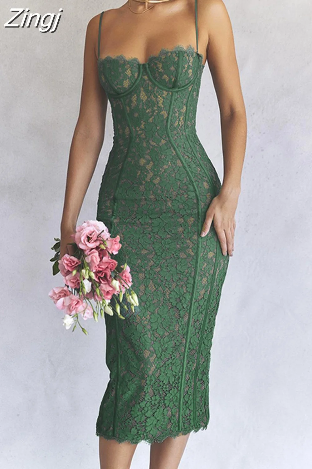 Zingj Lace Green Dress Elegant Sexy Night Wedding Guest Evening Party Dresses Spaghetti Strap Birthday Dresses for Women 2023
