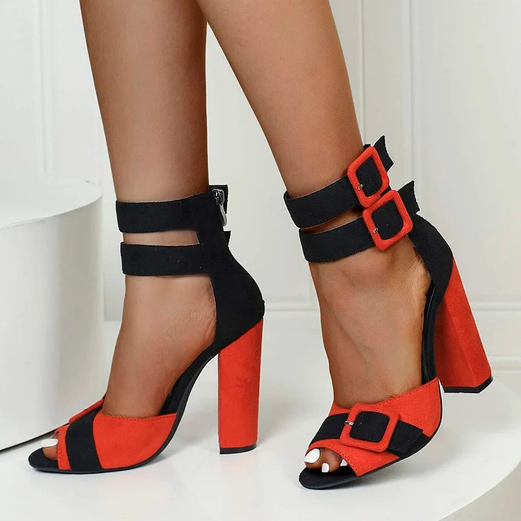Black and Red Peep Toe Ankle Strap Sandals with Chunky Heels and Buckle Vdcoo