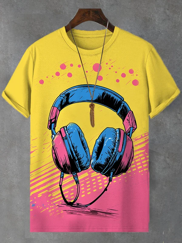 Men's Retro 90s Headphones Music Y2K Art Print Casual T-Shirt