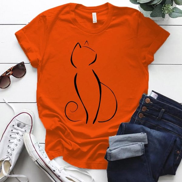 Funny Cat Line Print T-shrits For Women Summer Short Sleeve Round Neck Cute Loose T-shirt Creative Personalized Tops - BlackFridayBuys