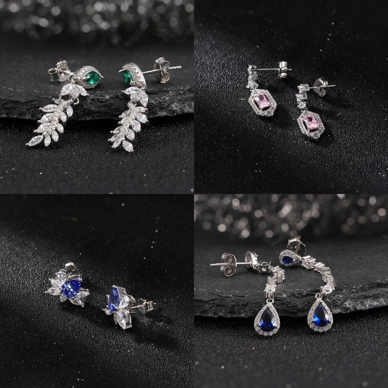 White Gold Plated Silver Plated 925 Sterling Silver Zircon 925 Sterling Silver Earrings Round Heart Shape Rhombus Earrings