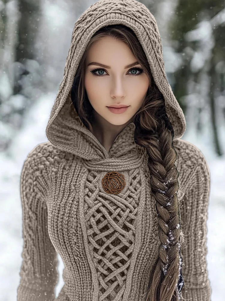 VChics Women's Viking Style Knitted Cozy Hooded Sweater