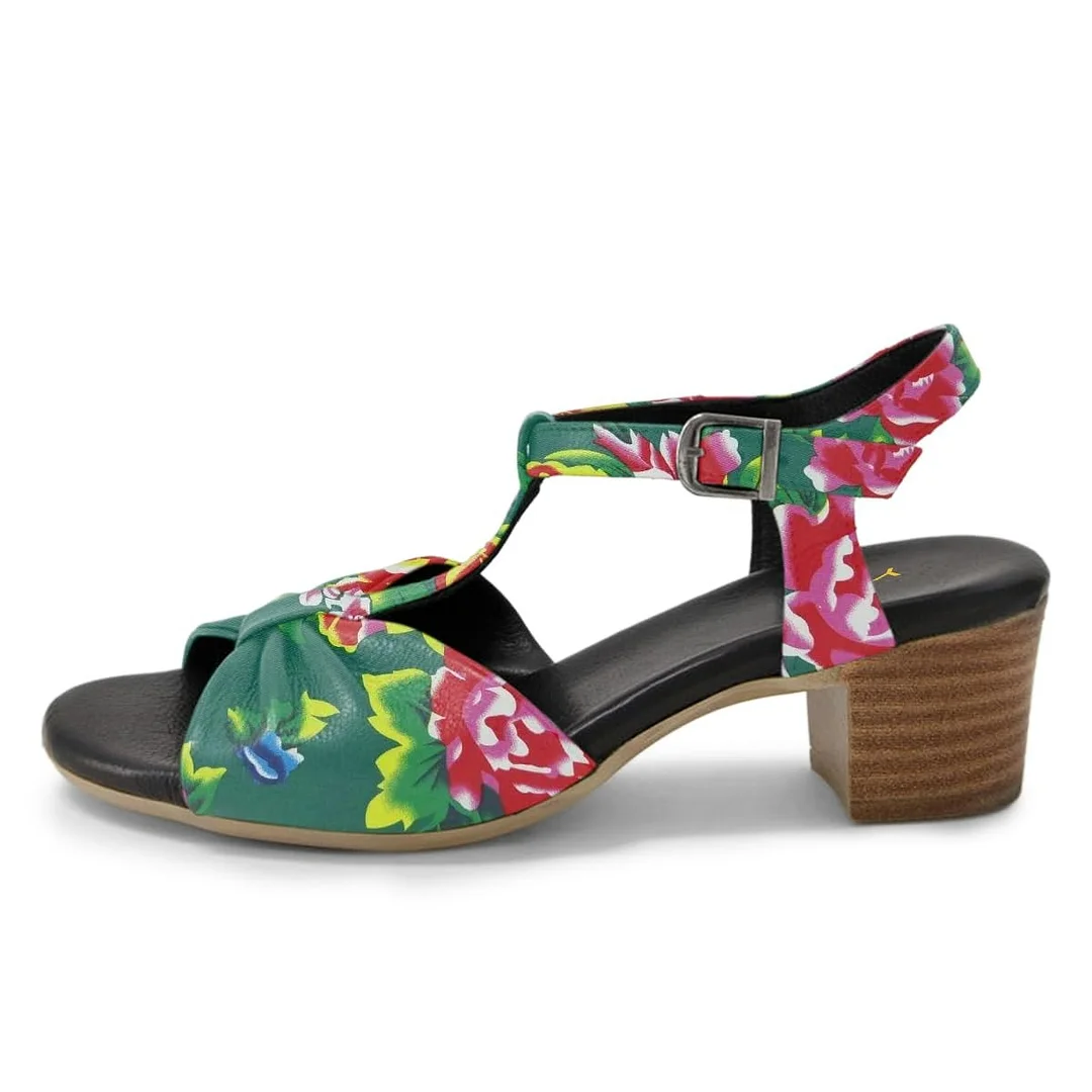 Multicolor Floral Print Open Toe T-Strap Block Heel Sandals