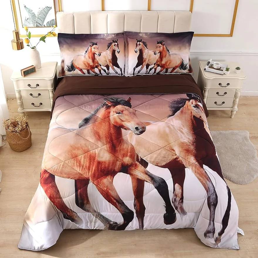 Horse Bedding Sets Brown Comforter Set for Boys and Girls Queen Premium Horse Duvet Cover Set All Season Kids Bed in A Bag Comfortable and Soft for Kids and Adults