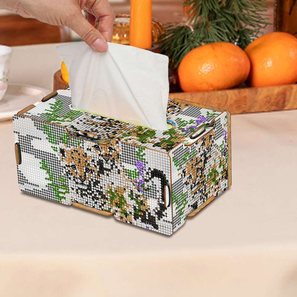 Leopard 5D DIY Diamond Painting Handmade Tissue Holder Wooden Tissue Box Craft
