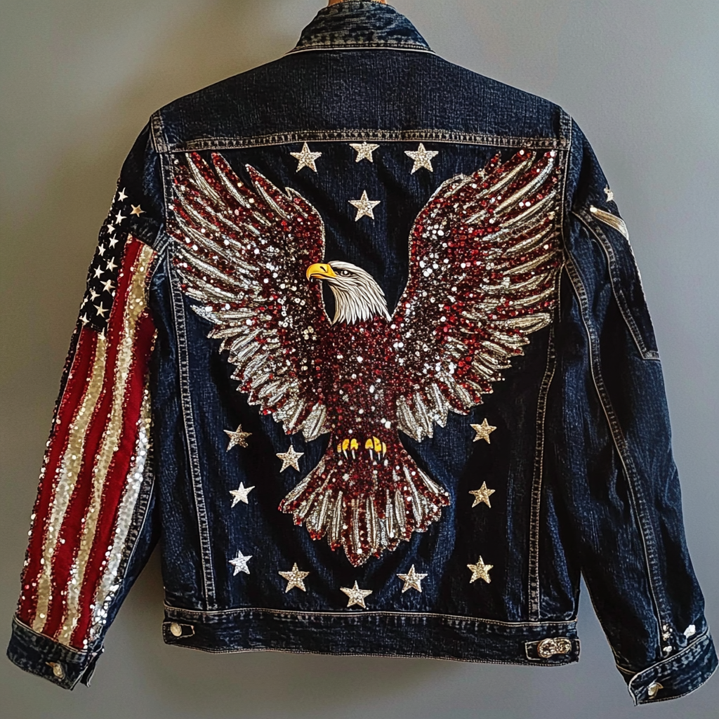 Comstylish Vintage American Flag And Bald Eagle Sequined Washed Denim Jacket
