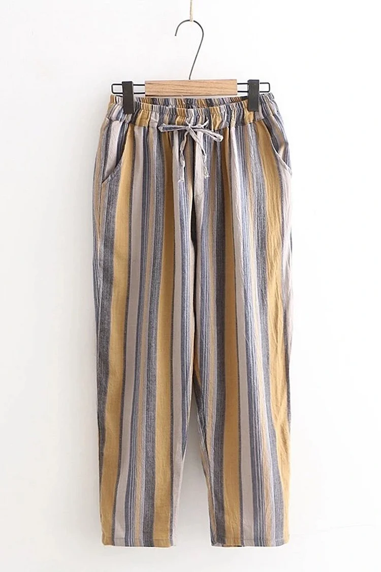Plus Size Casual Yellow Cotton Retro Striped Belt Loose Pants  Flycurvy [product_label]