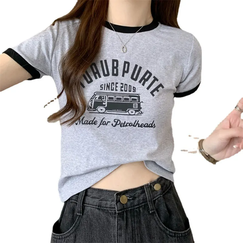Uveng Uveng Summer New Sweet Hottie Girl Bump Color Round Collar Short Style On The Clothes Design Sense Shows Thin Students Short-Sleeved T-Shirt Girl