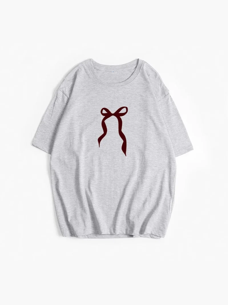 Athvotar Athvotar Sale Of Retro Simple Bow Print T-Shirts For Girls In Summer Loose Round-Neck Pure Cotton Short Sleeves