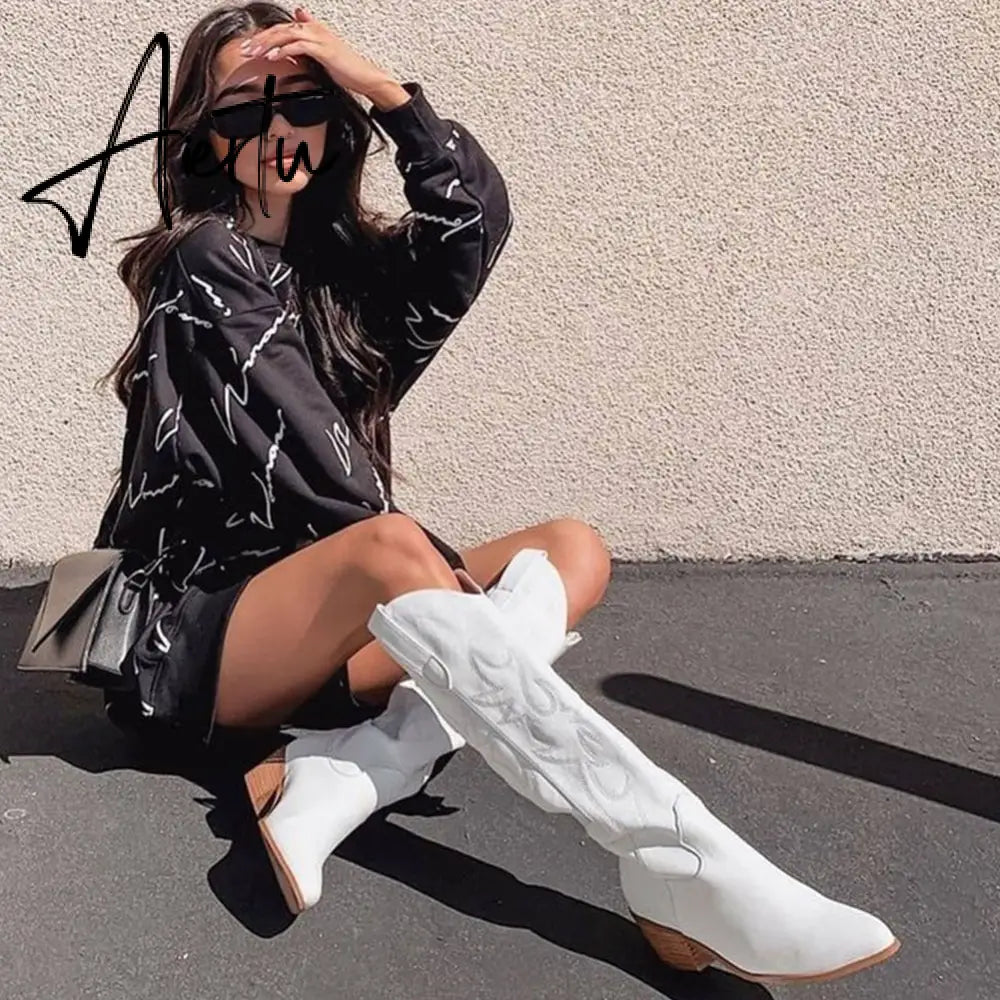 Brand New Big Size 45 Female Western mid calf Boots Chunky Heels Slip On Autumn Winter Cowboy Boots Women Retro Shoes For Woman Aiertu
