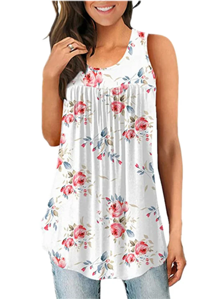 Summer Women's Print Round Neck Shrink Pleated Sleeveless Undershirt Women's Tops T-shirt-Hoverseek