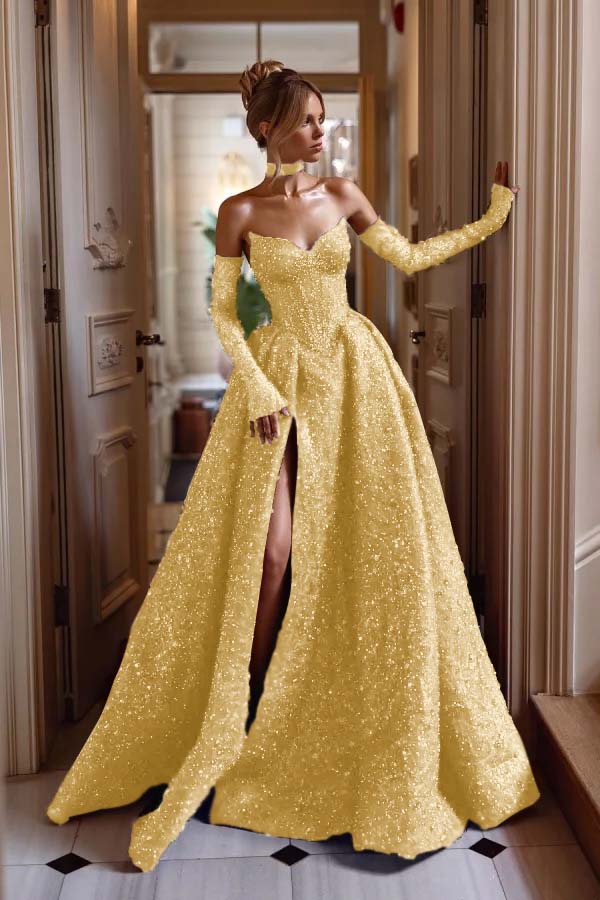 Hidais Strapless Sleeveless Long Split Prom Dress With Sequins Detachable sleeves