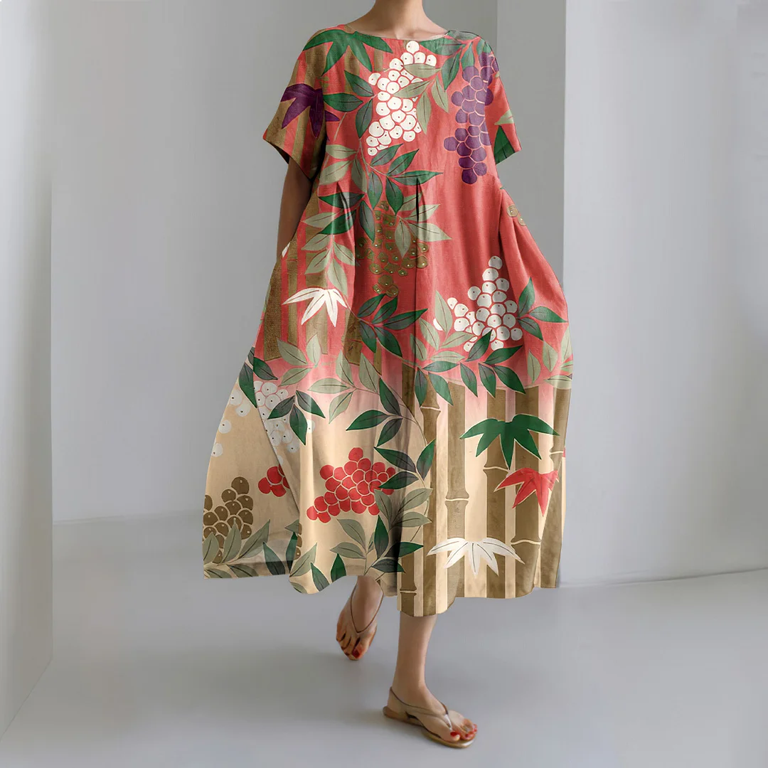 Japanese Art Grape Print Short Sleeve Loose Midi Dress