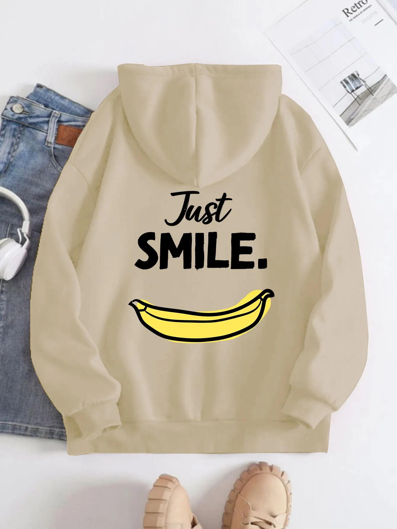 Printed on the Back Kangaroo Pocket Hoodie Long Sleeve for Women Pattern Just Smile