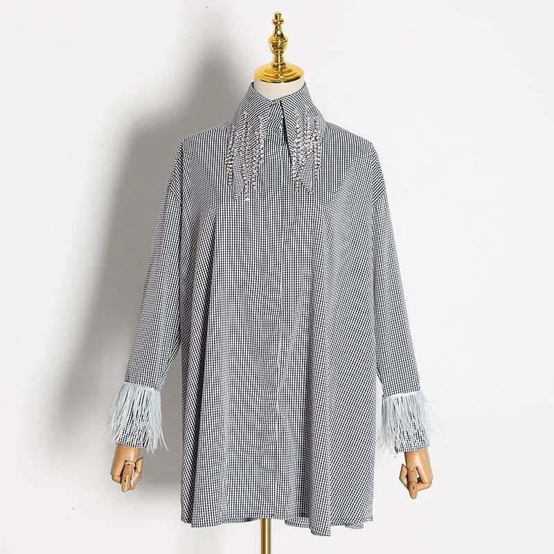 ABEBEY Diamonds Tassel Stirped Women's Dresses Lapel Collar Long Sleeve Feathers Loose Dress For Female 2023 Fashion Tide