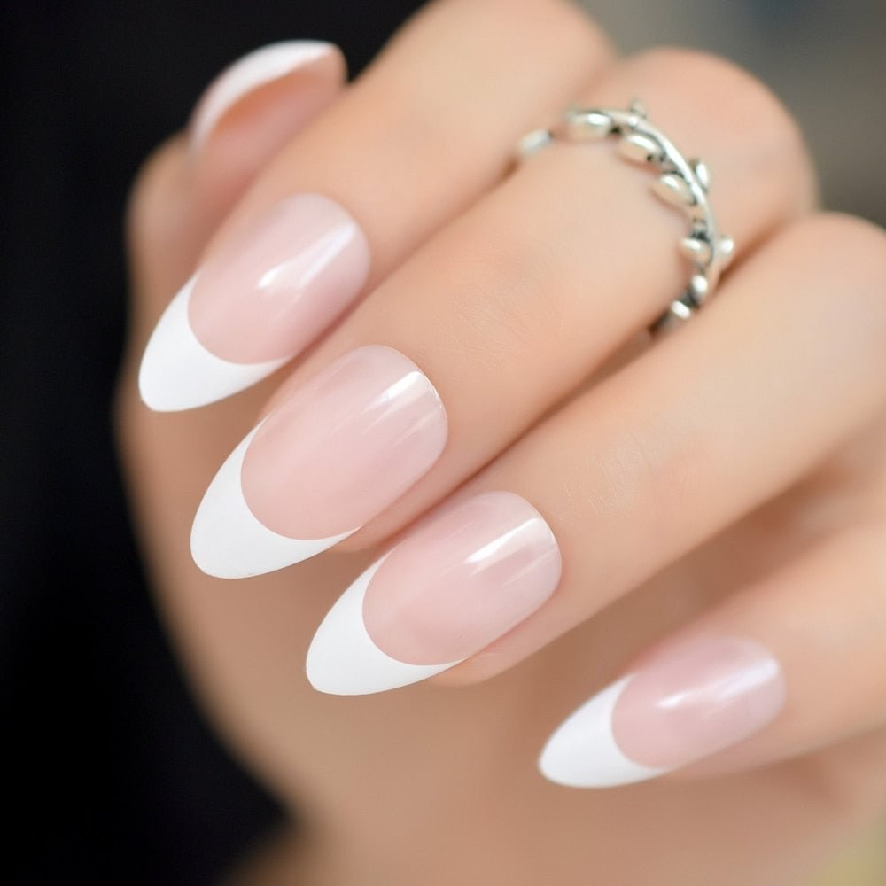 Iridescent White Instant French Nails Glitter Beveled Clear Short ...
