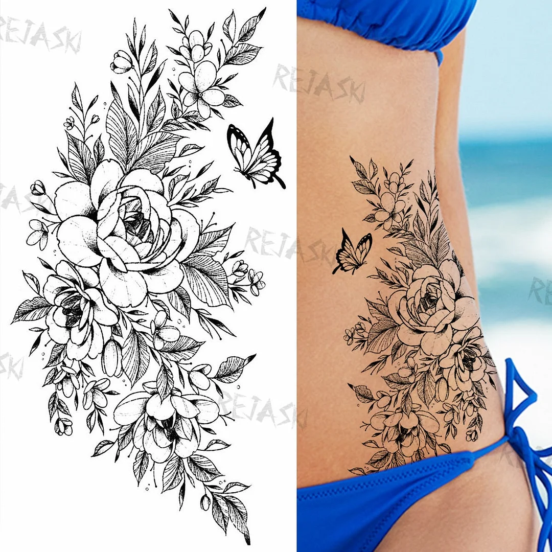 Sexy Snake Flower Fake Temporary Tattoo For Women Black Sunflower Tattoos Bloosom Big Daisy Camellia Water Transfer Tatoos Legs