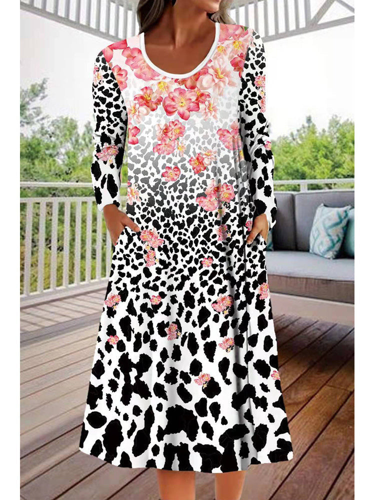 Women Long Sleeve Scoop Neck Animal Print Graphic Dress