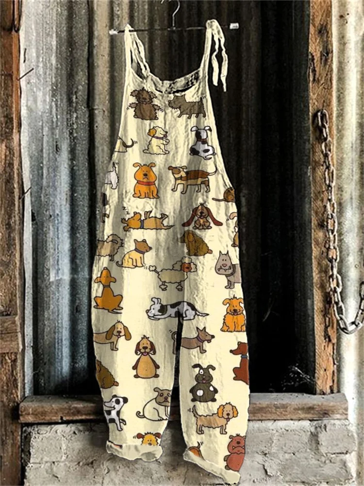 Vintage Cute Dog Print Linen Blend Loose Fit Cozy Jumpsuit