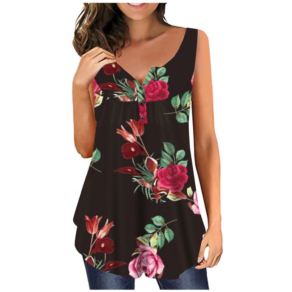 Fashion Floral Print Tunic Blouse Loose Buttons V-Neck Tops Casual Summer Ladies Top Female Women Sleeveless Blusas Pullover