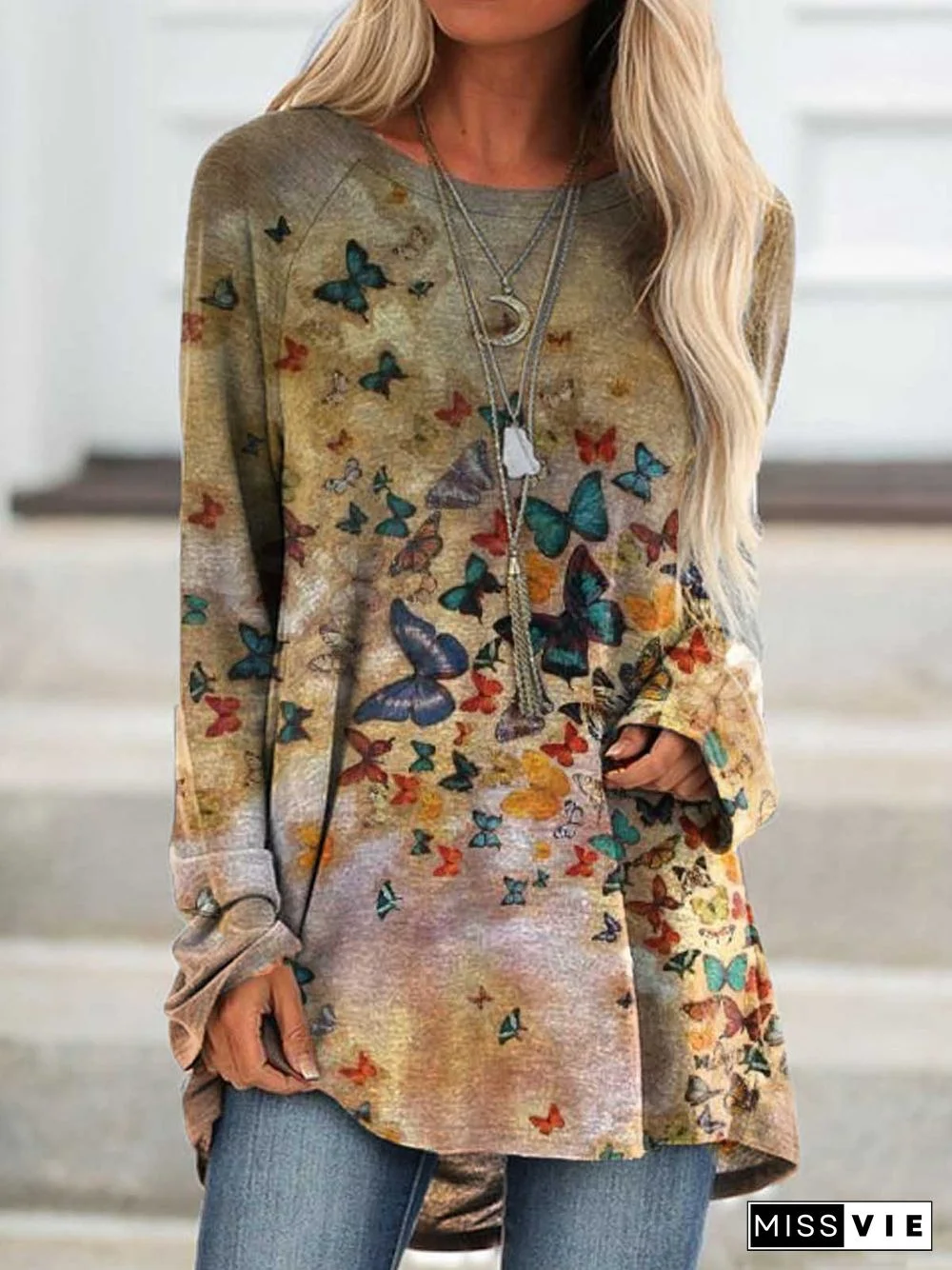 Women Deep Khaki Casual Butterfly Printed Long Sleeve Shirts