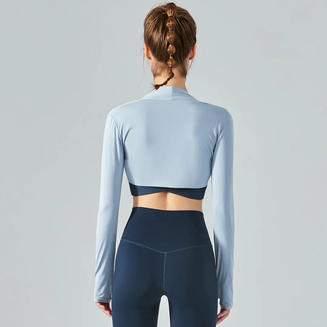 Buy Blue Gray full sleeve eco friendly cool feeling sunscreen nude feel stretchy crop top workout coat of high quality on Hergymclothing
