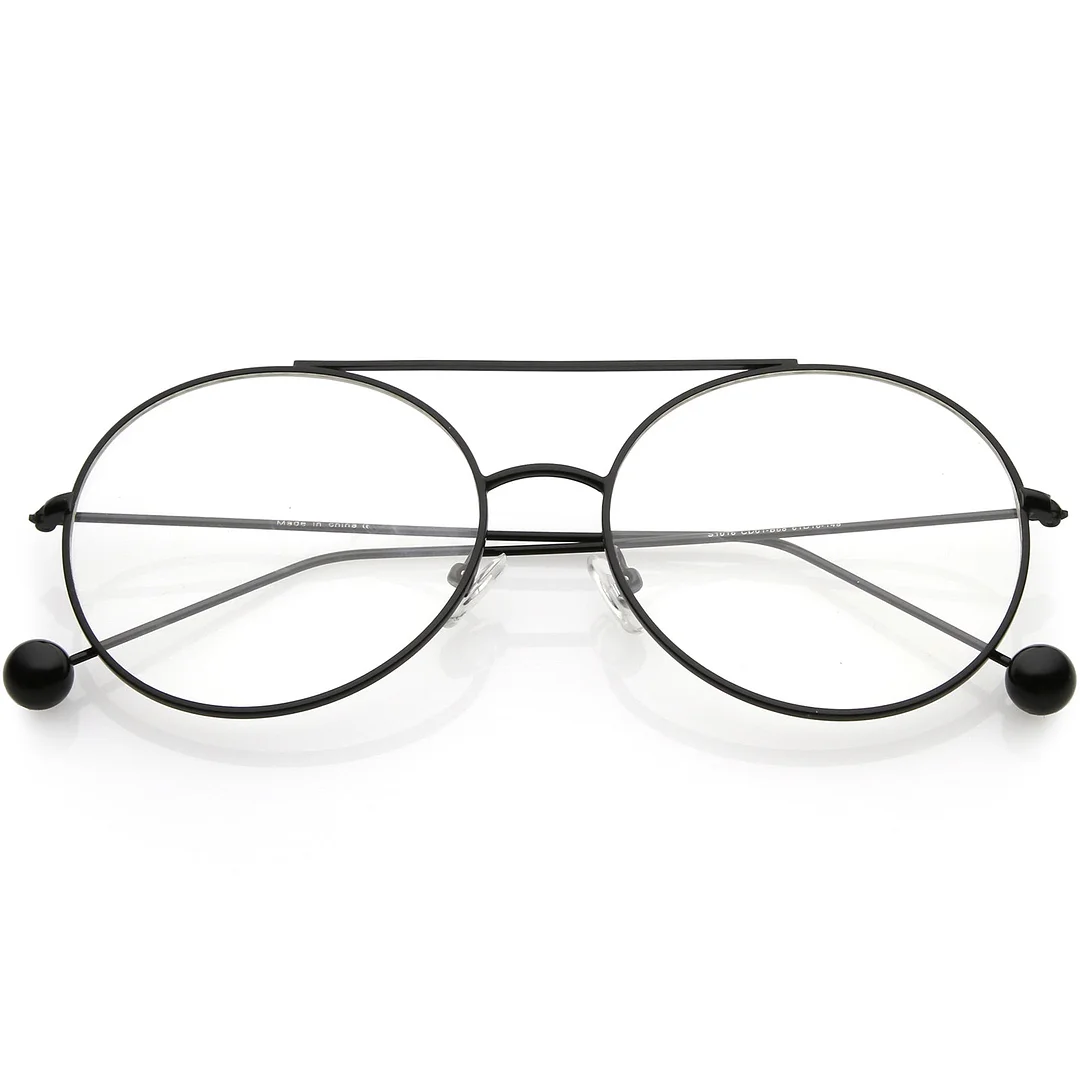 Premium Oversize Round Eyeglasses Metal Double Nose Bridge Clear Flat Lens 59mm
