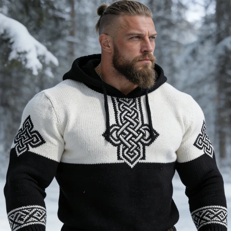 Men's Viking Celtic Knot Contrast Comfy Knit Hooded Sweater
