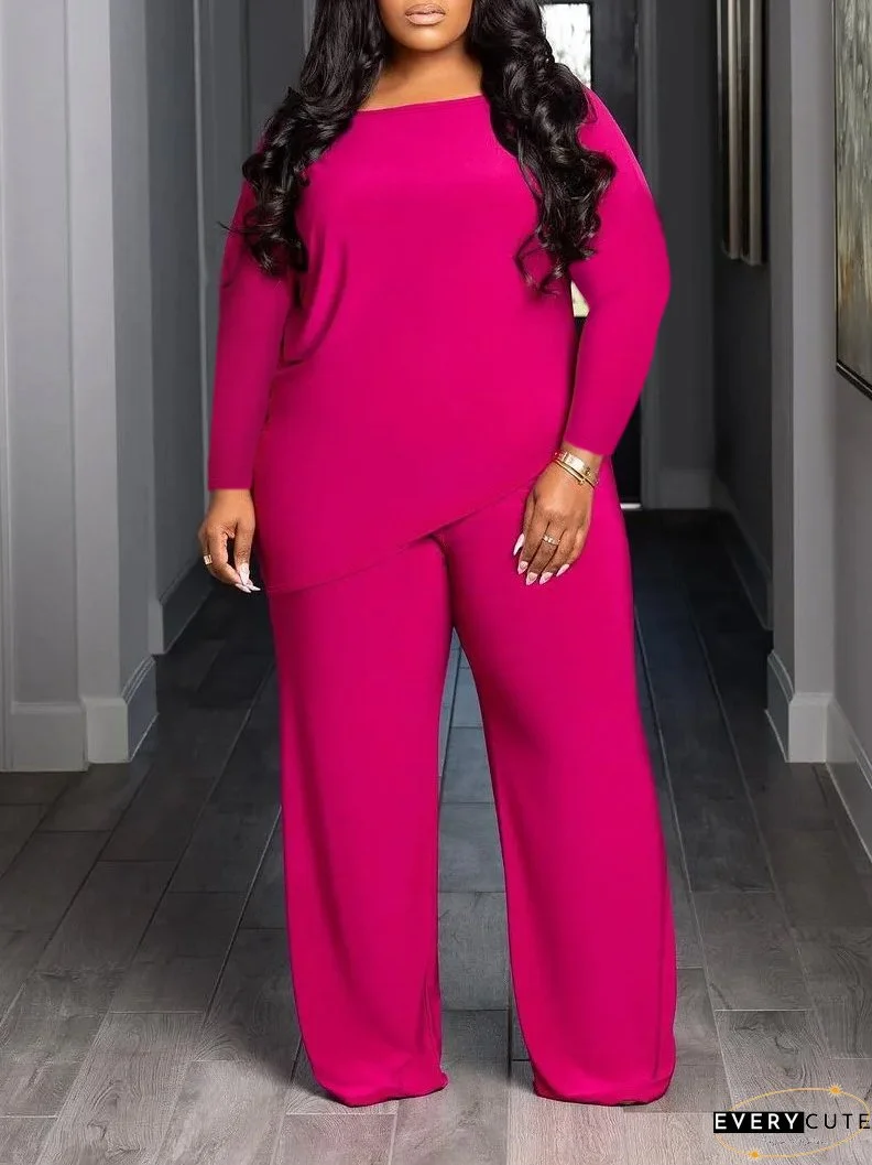 Plus size Women casual solid asymmetric top and pant two-piece set