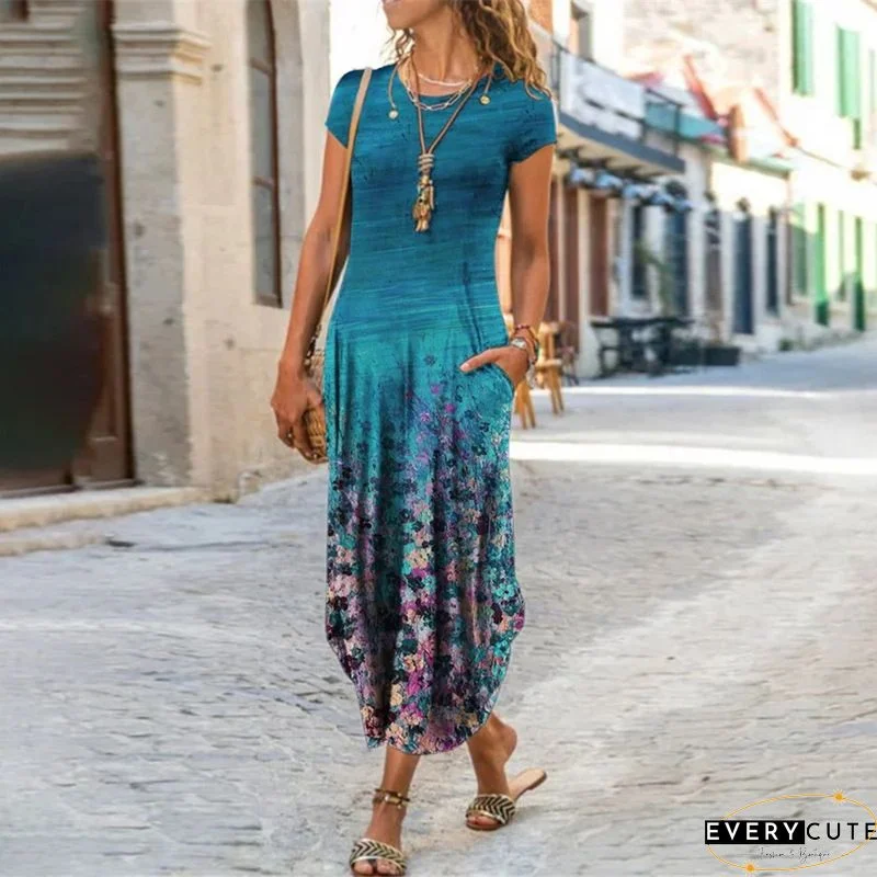 Casual A-Line Short Sleeve Ombre/tie-Dye Knitting Dress