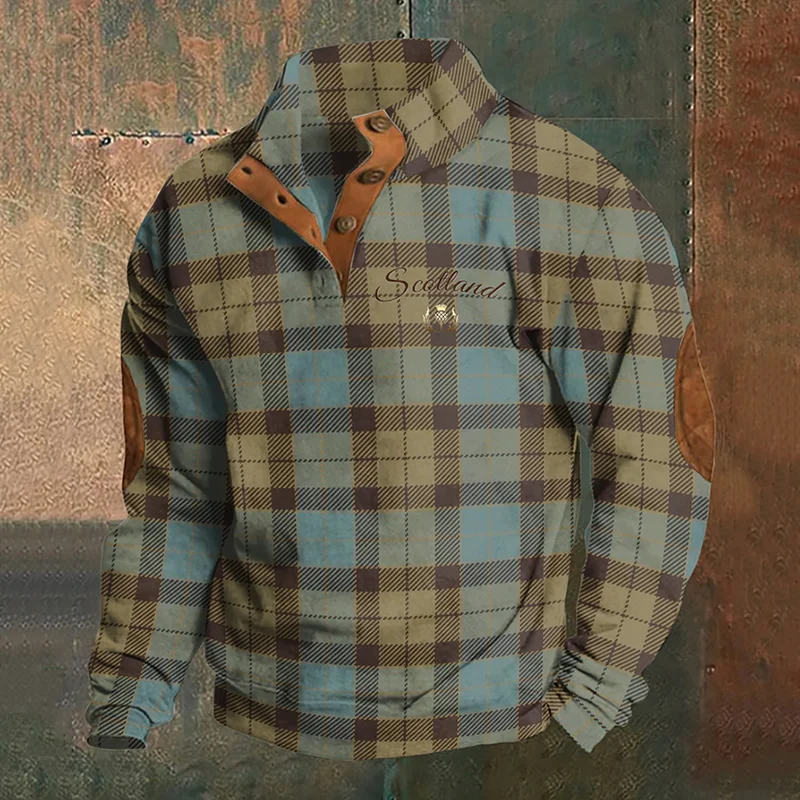 Vintage Scotland Plaid Print Stand Collar Button Sweatshirt